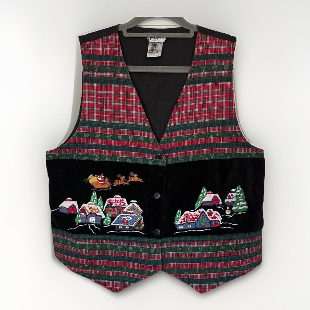 Oak Hill Embroidered Christmas Vest Plaid Velvet Santa Village Womens Large